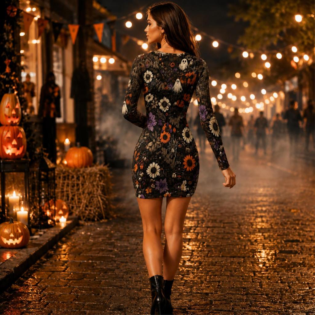 Women's Halloween Print Long Sleeve Neck Bodycon Sweatshirt Dress
