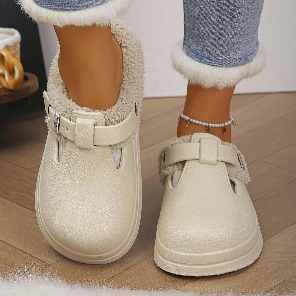 Waterproof Eva Furry Mules Slippers Women Winter Metal Buckle Warm Plush Slippers Soft Thick Bottom Non Slip Indoor Shoes(Order A Size Up)