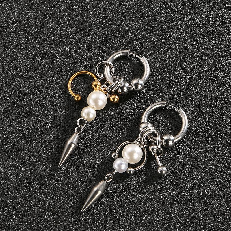 1Pcs Imitation Pearl Tassel Dangle Earrings Punk Gothic Stainless Steel Geometry Horseshoe Nail Rivet Earrings For Women Jewelry