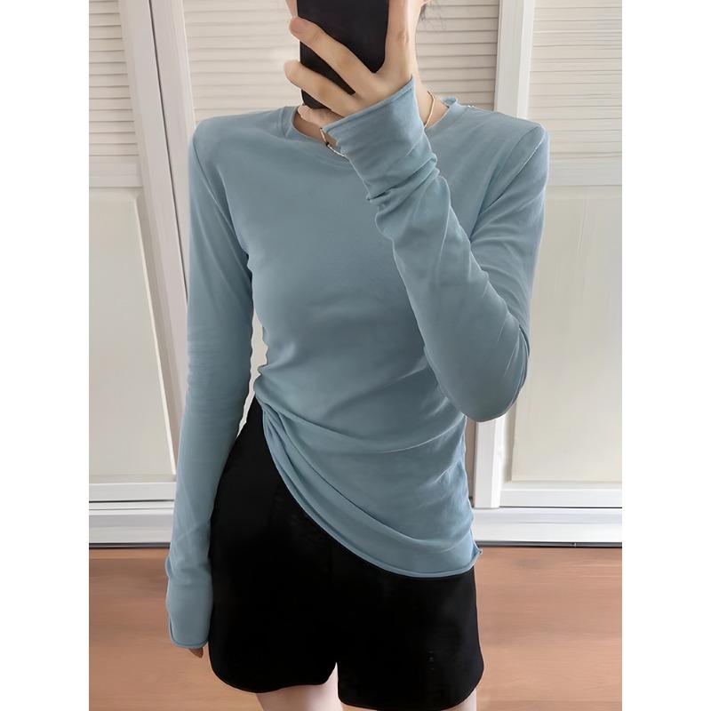 Solid color thin long-sleeved top women's curled edge basic shirt autumn slim-fit versatile bottoming shirt