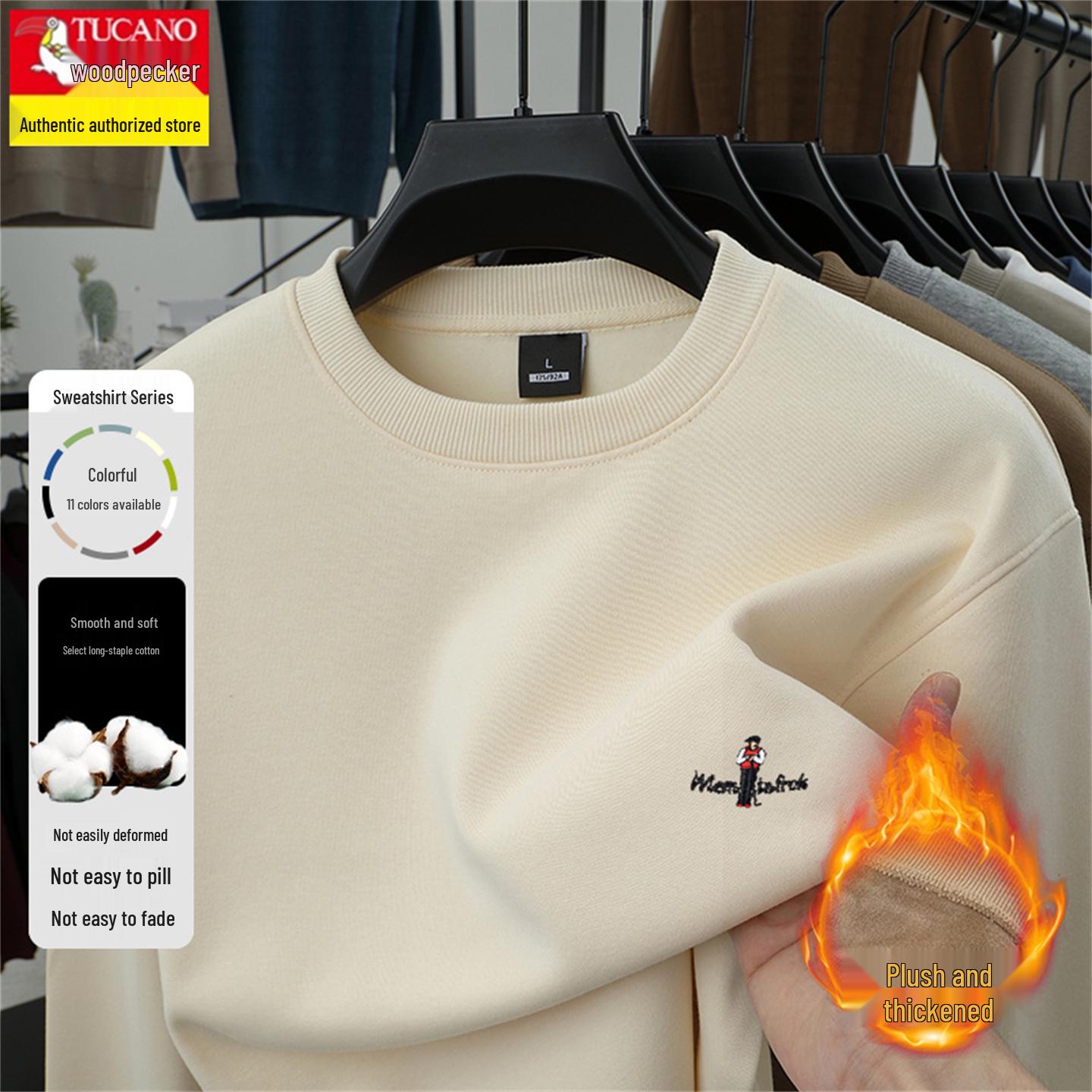 

Men s Thickened Velvet Woodpecker Hoodie - Long Sleeve, Round Neck, Solid Color Cotton T-Shirt for Autumn/Winter XL