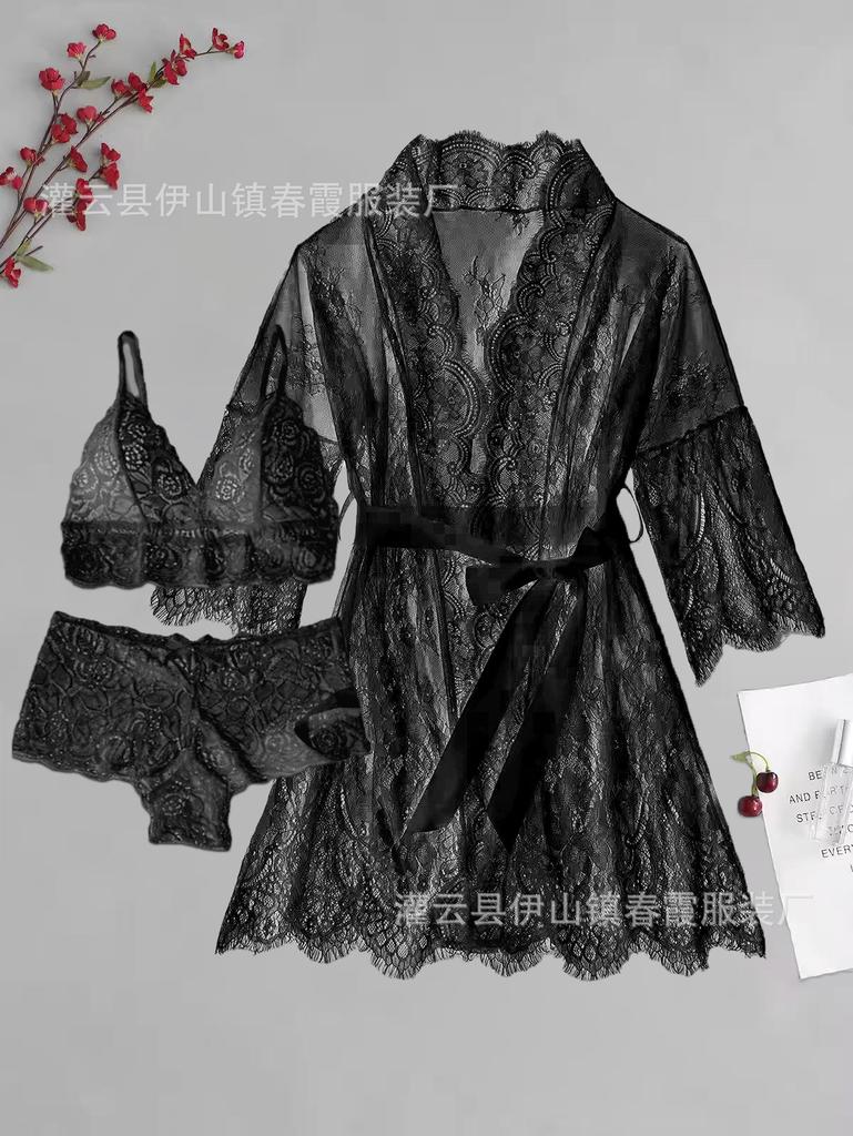 Thin see-through erotic lingerie ribbon tunic kimono dressing gown lace sexy cardigan long skirt female summer