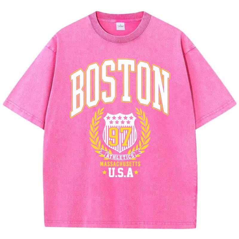 Vintage Womans Acid Wash T-Shirts Boston Athletics Badge Prints Tops Crewneck Cotton Oversize Tee Shirts Clothes