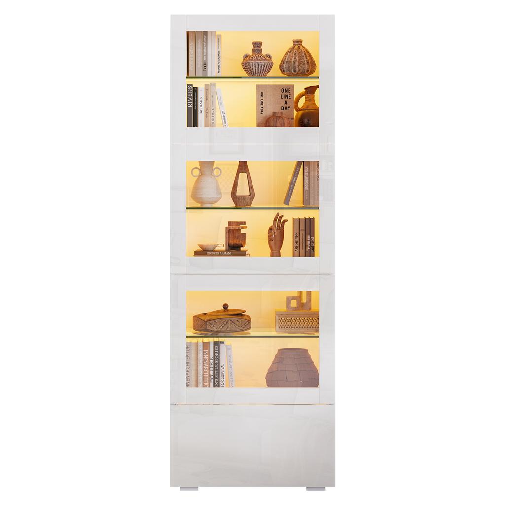 Vetrina 60*40*173cm con Porta in Acrilico, Finitura Lucida, Illuminazione LED, 3 Ripiani in Vetro, Bianco