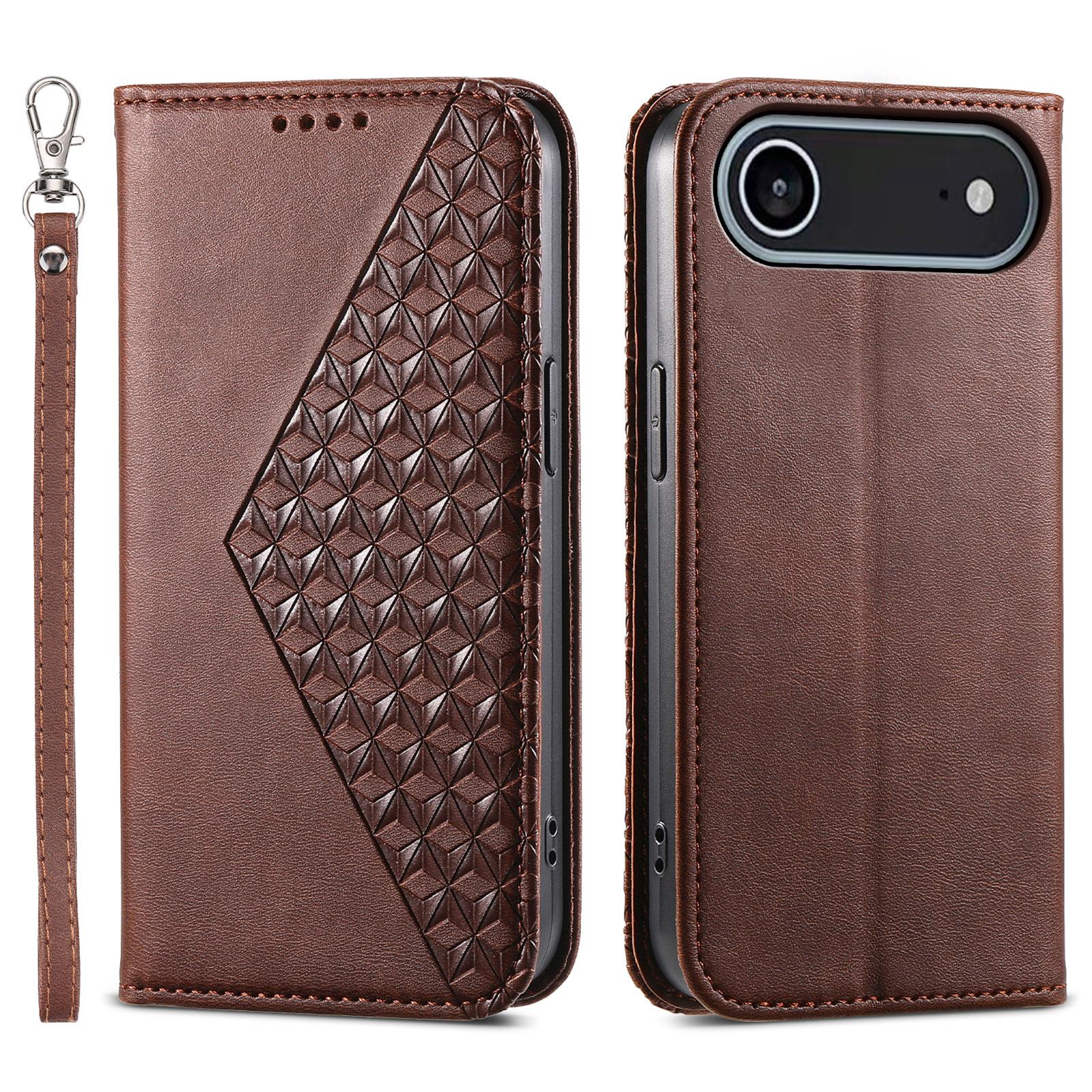 

For iPhone 17 Air Case Calf Texture PU Leather Wallet Phone Cover with Wrist Strap Brown
