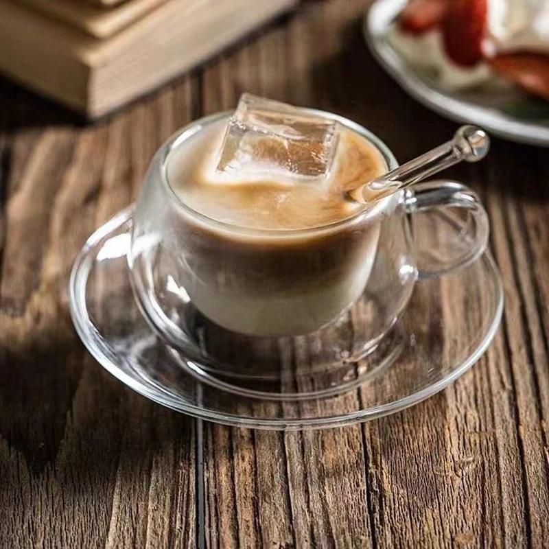 150/300ml Heat Double-layer Glass Cup Transparent with Handle Resistant Coffee Cup & Saucer Milk Juice Water Cup Festival Gift
