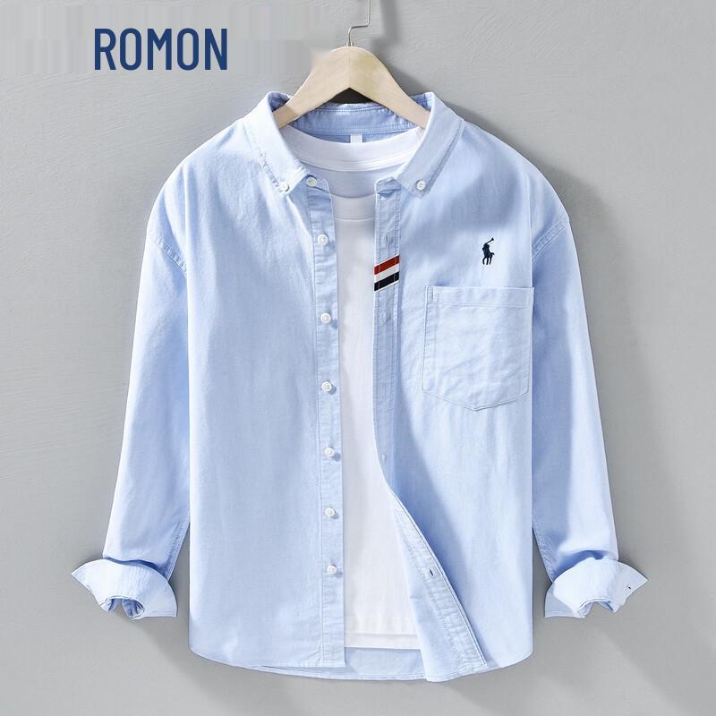 

ROMON Men s Japanese Style Embroidered Oxford Long Sleeve Shirt M