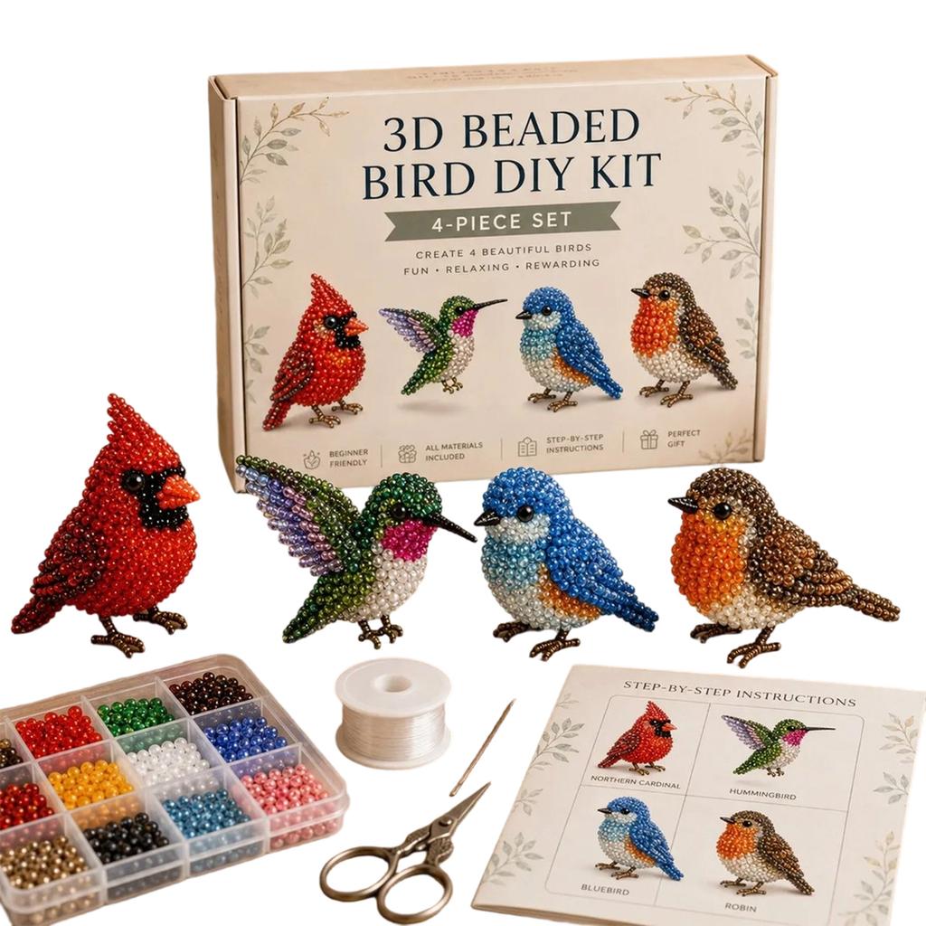 3D Beaded Bird DIY Kit 4-Piece Set Includes Beads Wire Scissors and Step-by-Step Instructions for Crafting Detailed Bird Models
