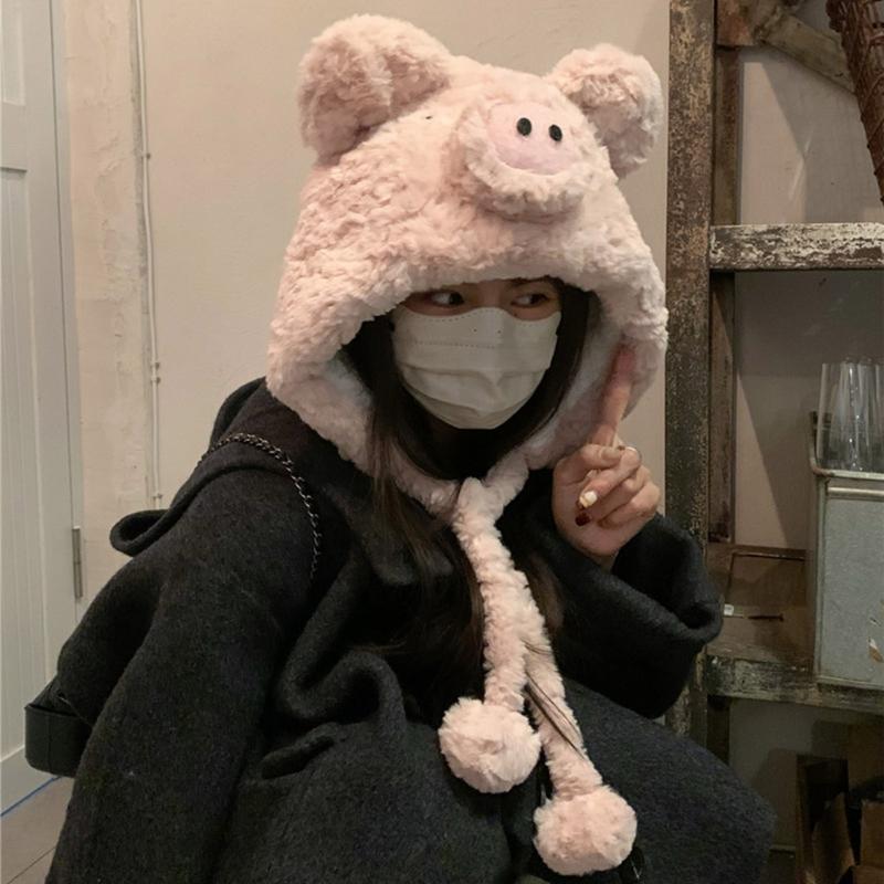 Furry Pig Ear Hat for Adult Teens Plush Earflap Hat for Shopping Skiing Windproof Beanies Hat for Cold Weather Headwear