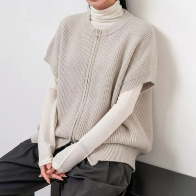 European and American Style Double Zipper Knitted Vest Women's Spring and Autumn New Loose Temperament Thin Sweater Cardigan Vest