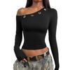 Top Asimmetrico con Spalle Scoperte da Donna a Maniche Lunghe Temperamentale Tinta Unita Slim Pullover T-shirt Corta