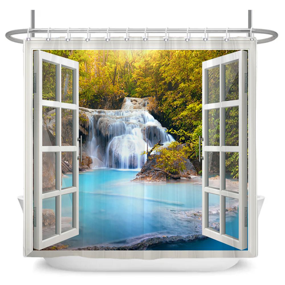 3D Forest Waterfall Landscape Bath Curtain Window Scenery Curtain Spring Nature Rainforest Shower Curtains for Bathroom Decor