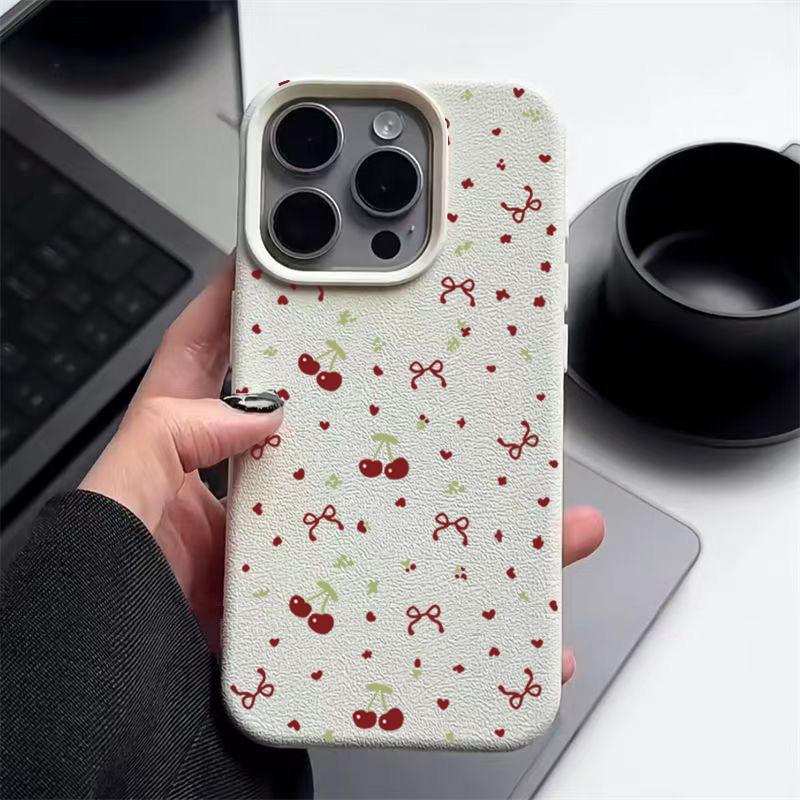 

Мягкий матовый чехол с принтом в виде вишневого банта для iPhone 16 Pro Max 15 Pro 14 13 12 11 TPU кожаная текстура противоударный тонкий чехол для телефона iPhone 11 бежевый/белый