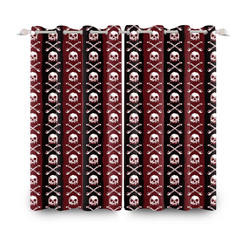 2pcs/set Skeleton Skull Black Window Curtain Horror Halloween Haunted House Home Bedroom Decor Blackout Polyester Fabric Curtain