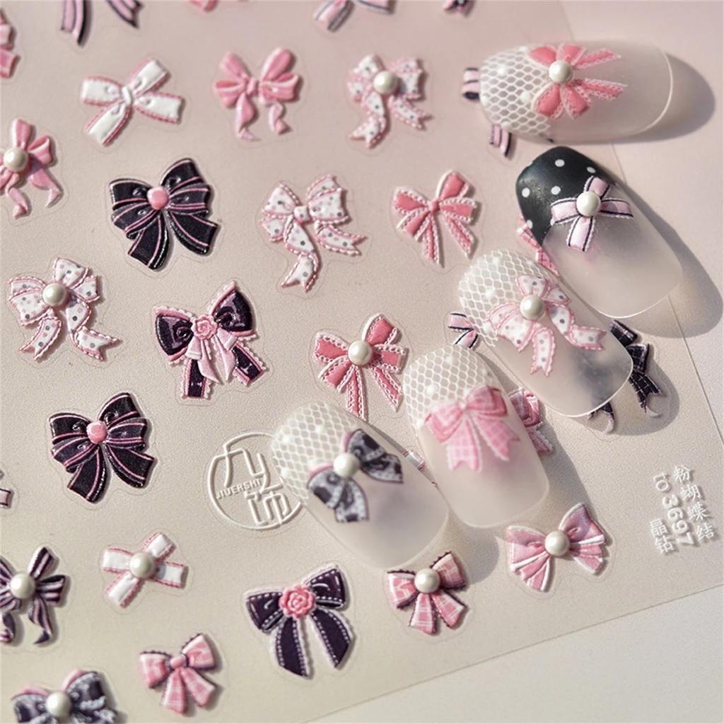 1pcs 5D Exquisite Pink Bow Nail Sticker Colorful Small Ribbon Adhesive Decals Nail Art Decoration DIY Accessory