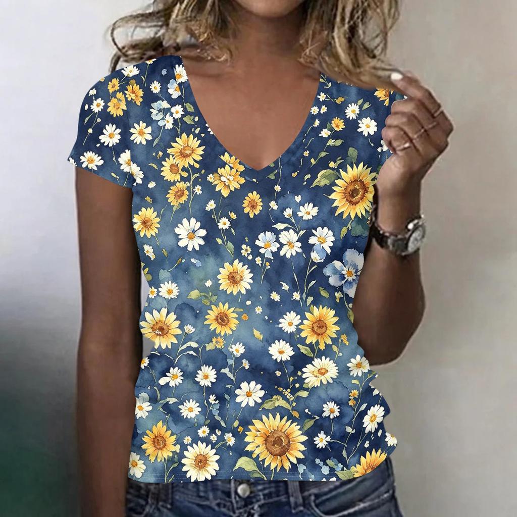 Women's Casual V Neck Short Sleeve Floral Print T Shirt Top Lightweight Breathable Summer Tee Shirt for Daily Wear