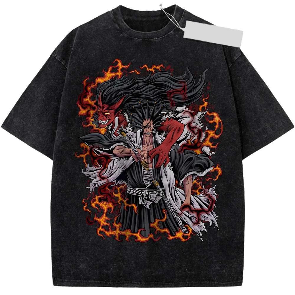 Classic Anime Bleach Zaraki Kenpachi Graphic Print Tee Men Women Retro Washed Cotton Tshirt Loose Casual Harajuku Oversized Top