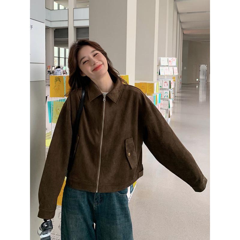 Casaco de Outono Feminino Marrom Solto Simples Zíper Casacos Senhora de Escritório Manga Longa Vintage Elegante Jaquetas Curtas Femininas