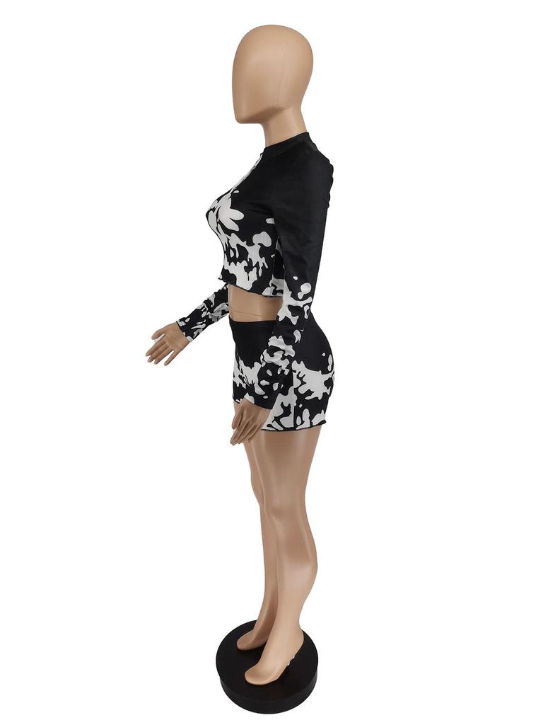 JH5817 Women's European & American Print Long-Sleeve Shorts Casual Two-Piece Set