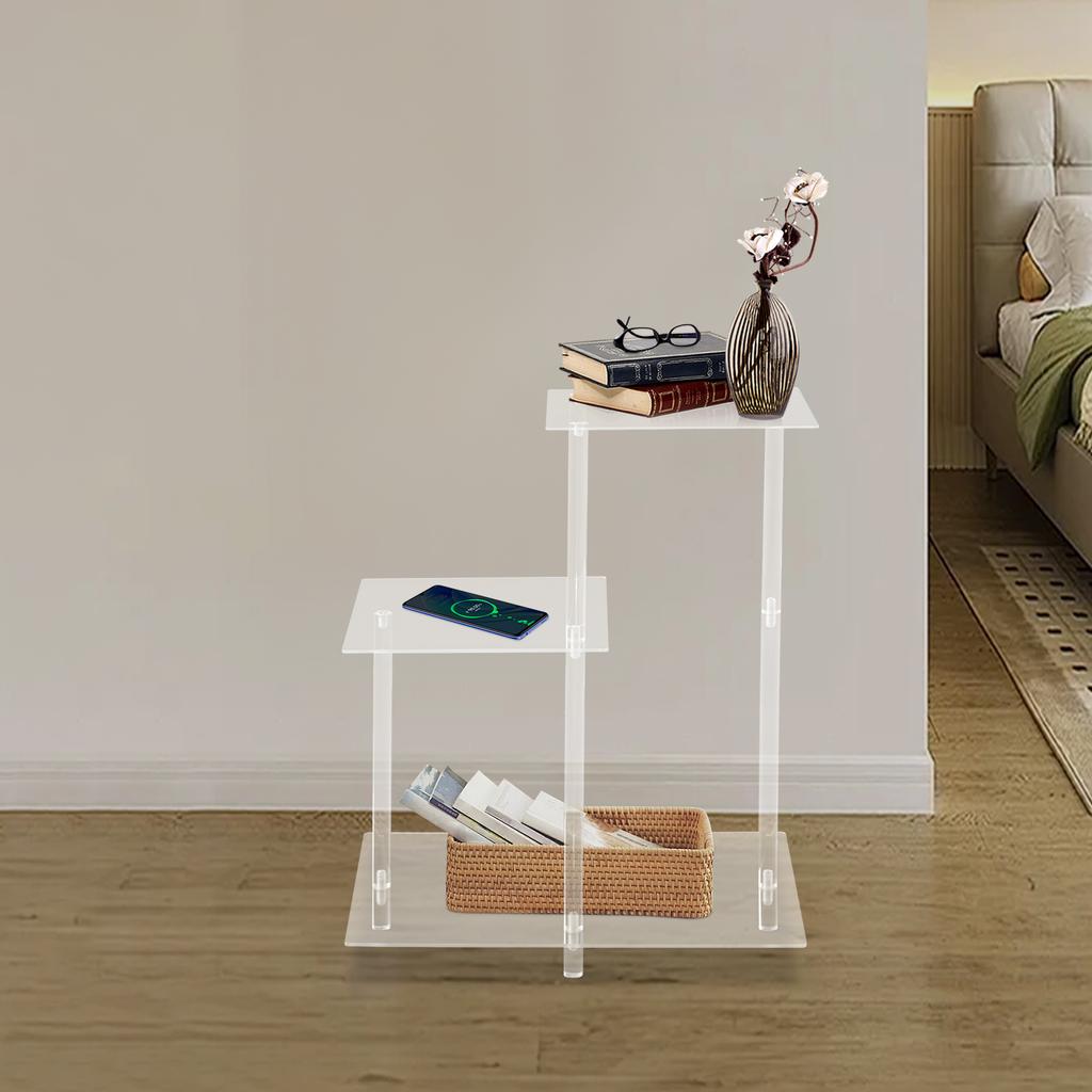 Office Clear Square Side Table with 3-Tier Open Storage Shelf - Modern PC Material Bedside Table for Books,Toys(11 Lbs Capacity)