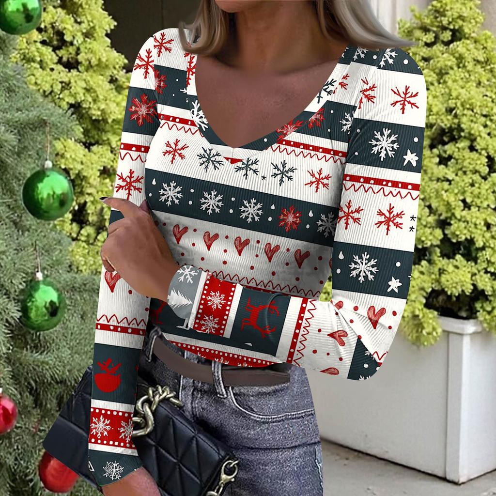 Dámské zimní přiléhavé základní tričko Módní vánoční potisk Výstřih do V Pulovr Top s dlouhým rukávem