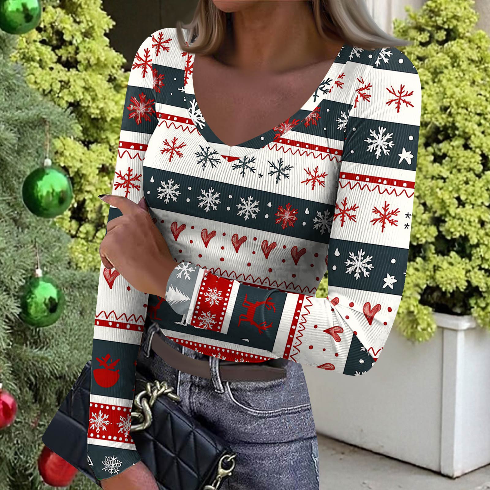 

Женская зимняя облегающая футболка-базовый слой, модный рождественский принт, V-образный вырез, пуловер, топ с длинными рукавами XL арбуз красный