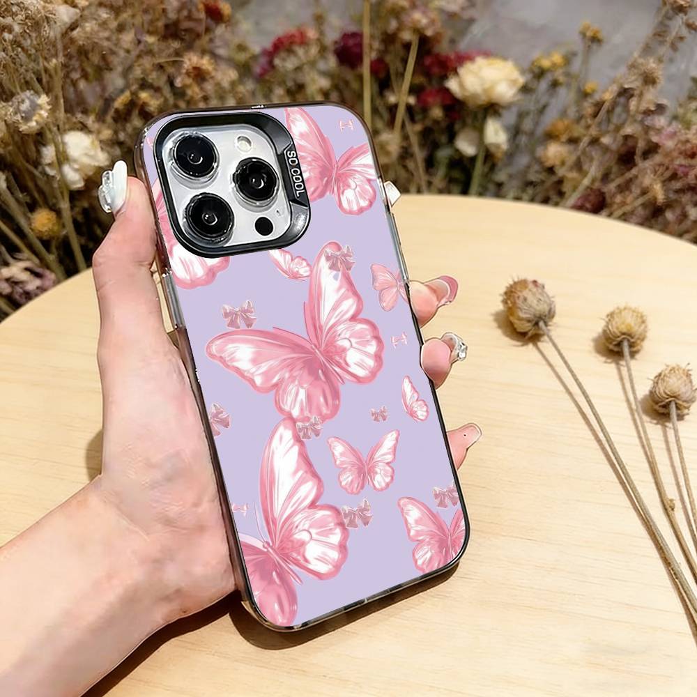 Pink Butterfly Pattern Phone Case For iPhone 17,16,15,14,13,12,11 Plus,Pro Max,XS,Colorful Silver Phone case Funda Cover iPhone16Pro