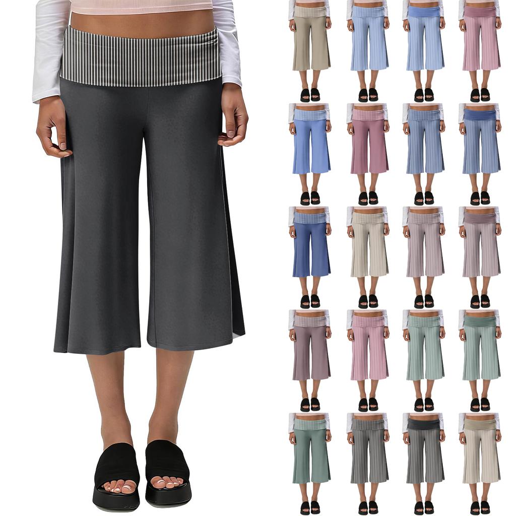 Womens Fold Over Cropped Pants Flared Bottom Fold Over Sweatpants Low Yoga Strechy Casual Wide Leg Sweatpant