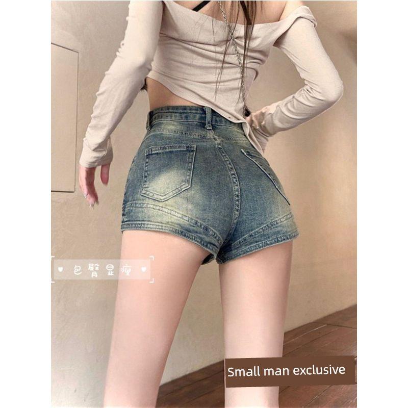 Cacoli Small Distressed Retro Washed Denim Shorts Women's Sexy Wind Stretch Slim-Fitting Straight Pants Hot Pants Summer