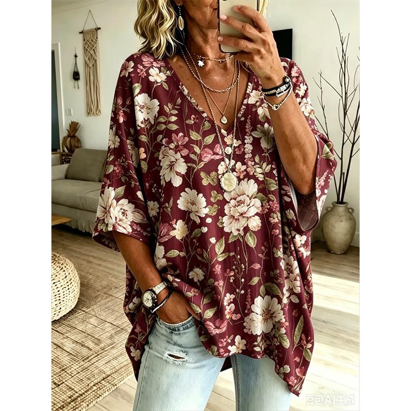 Plus-Size Women's V-Neck Batwing Sleeve T-Shirt Bohemian Ethnic Print Loose Top Summer Comfortable Breathable Daily Commute Casual Slimming Style