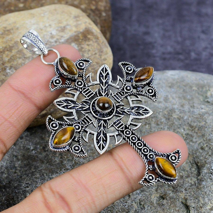 

Крест дизайн тигровый глаз драгоценный камень ручной работы стерлингового серебра 925 кулон свадебные украшения