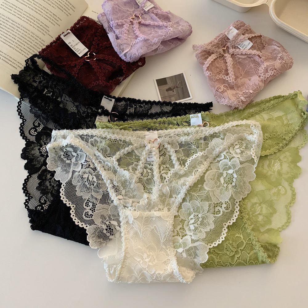 Slightly Tipsy Love - Purple Lace Low-Waist Breathable Cotton Panties with Cross Cutout