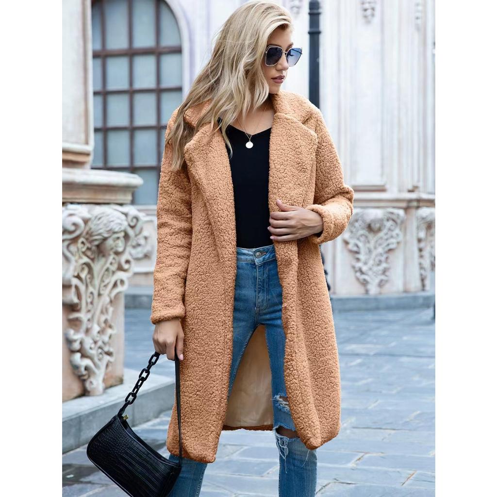 Ladies', Medium Length, Lapel, Woolen Jacket, Long Sleeved, Solid Color, Loose Fit, Casual Jacket