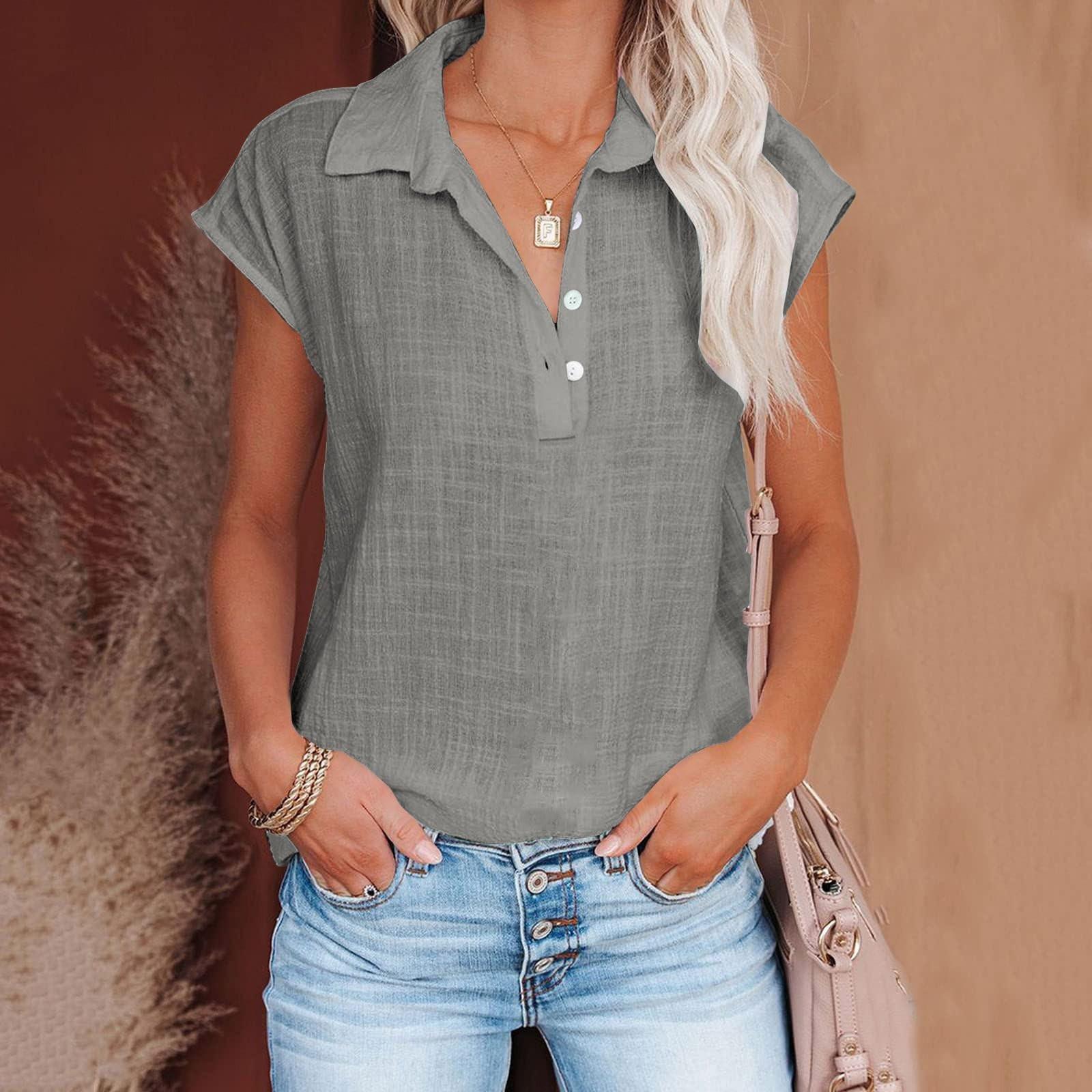 Women s Casual Top, Round Neck Button Up Shirt, Lapel Sleeveless Top XXXL