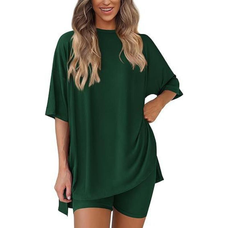 Women's Crew Neck Half Sleeve Oversized T Shirt Biker Shorts Loungewear Two Piece Pajama Set Casual Solid Outfit