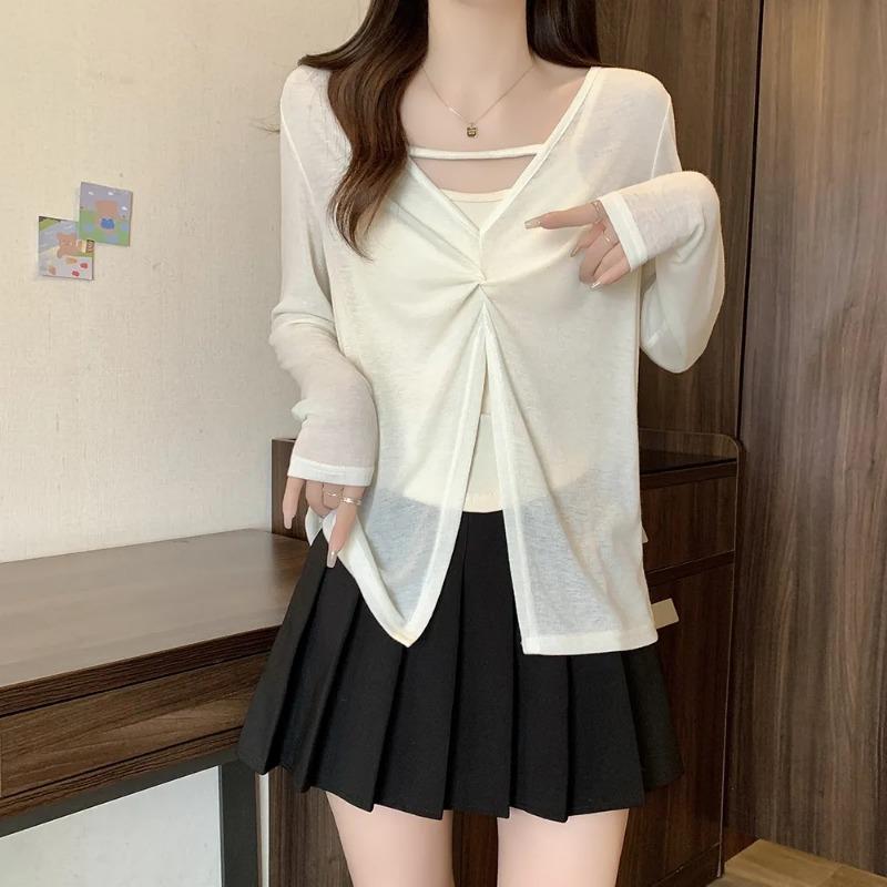 

Women White Twist Front Split Hem Long Sleeve Sun Protection Top M белый