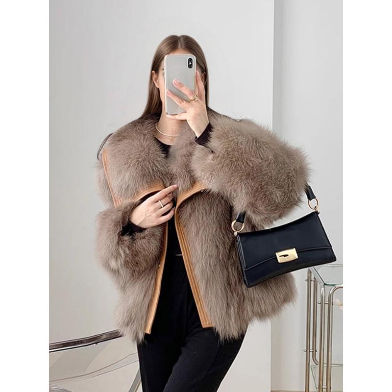 Damski Płaszcz ze Sztucznego Futra Patchworkowe Skórzane Wykończenie Klapy Ciepła Zimowa Kurtka