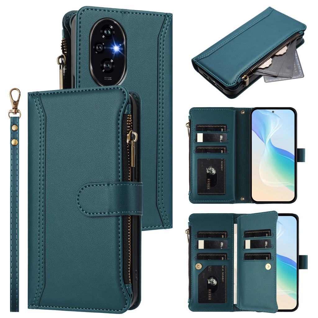 For Honor 200 Pro 5G Leather Case 9 Card Slots Zipper Wallet Stand Phone Cover with Wrist Strap