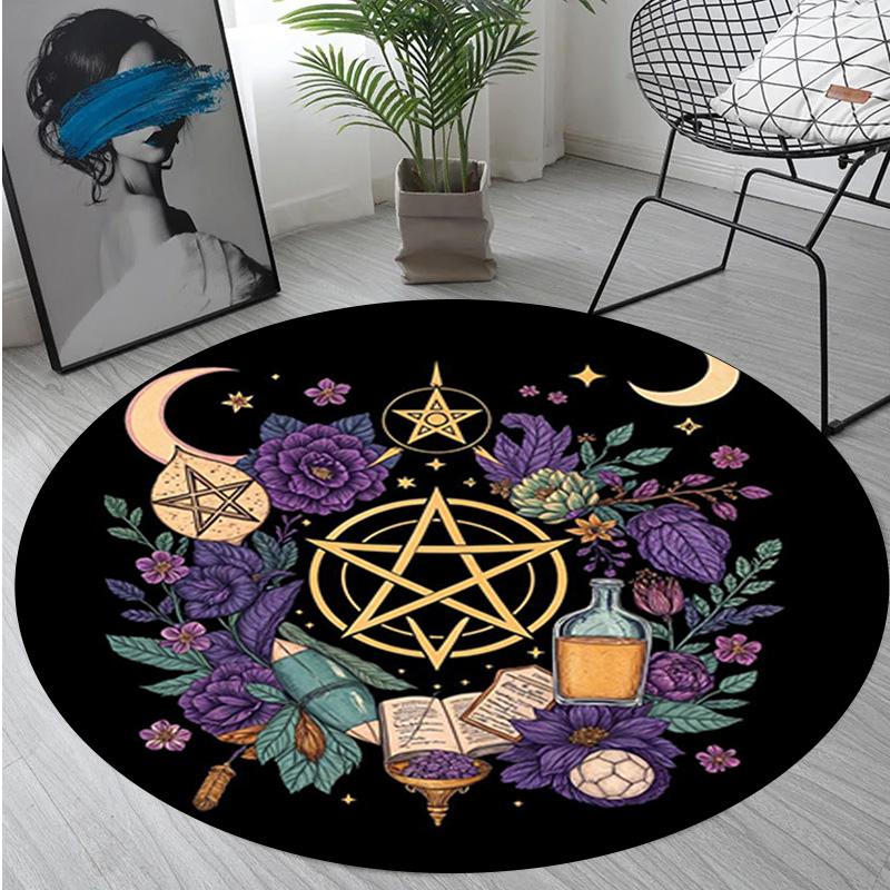 Floral Moon Phase Circular Rug - Office Decorative Carpet For Living Room Bedroom Door Mat Floor Rug Computer Chair Area Rug