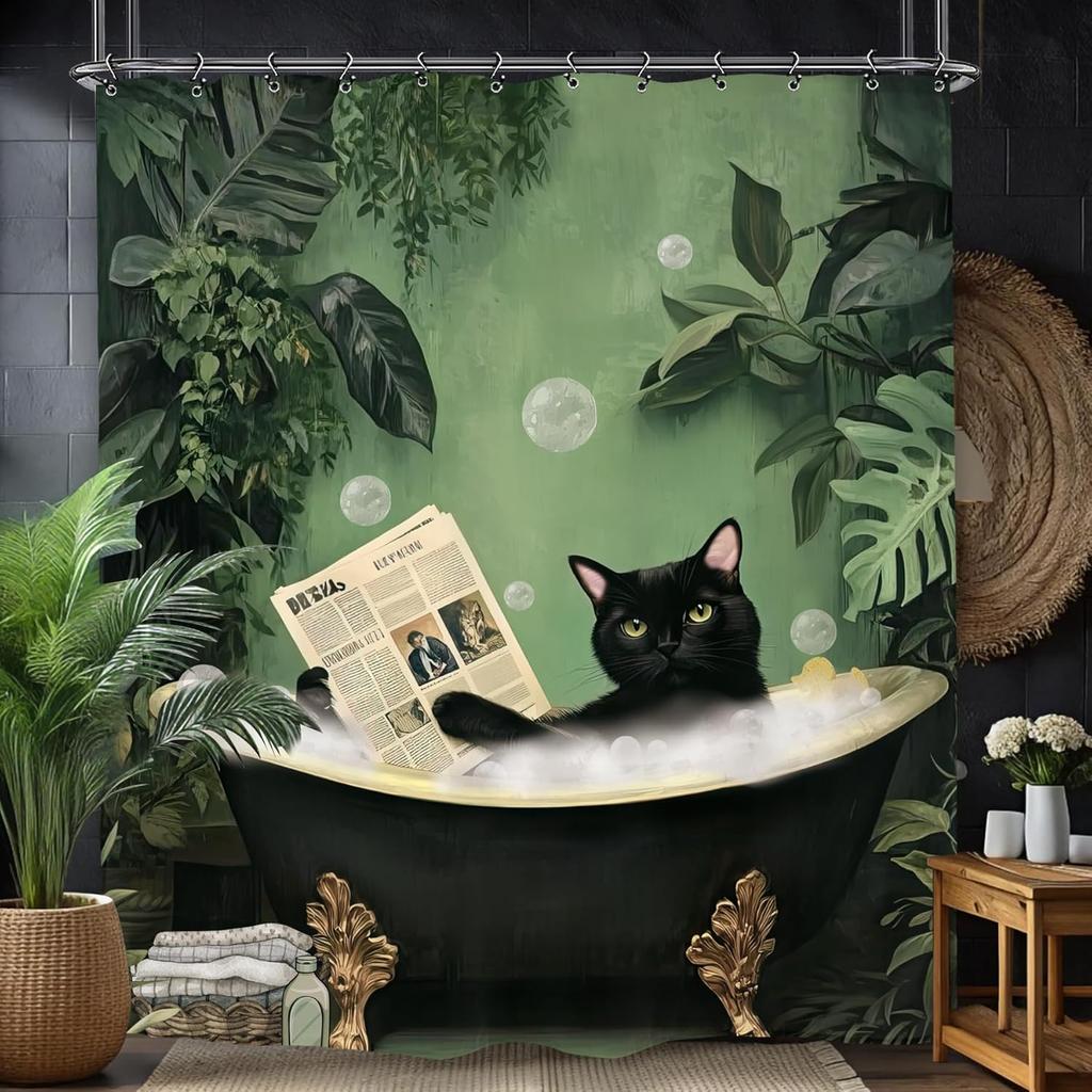Japanese Samurai Black Cat Bathroom Shower Curtain Cherry Blossom Cool Funny Hilarious Black Polyester Fabric 12 Plastic Hooks