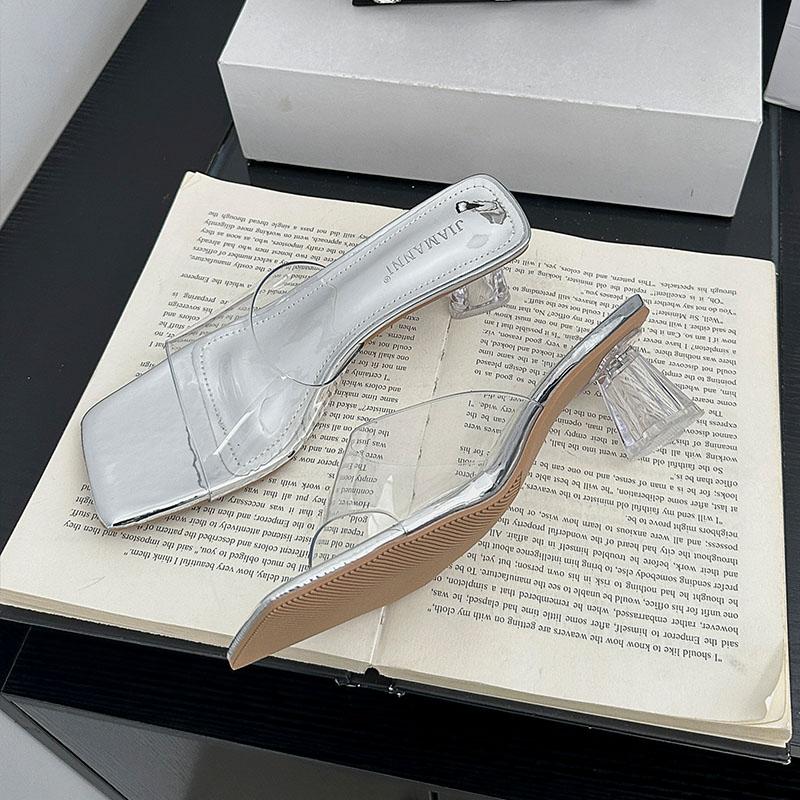 Fashion Fashion Transparent Heels Slippers Shoes For Women Footwear Square Toe Ladies Medium Heels Slippers Shoes Female Slides Sandals