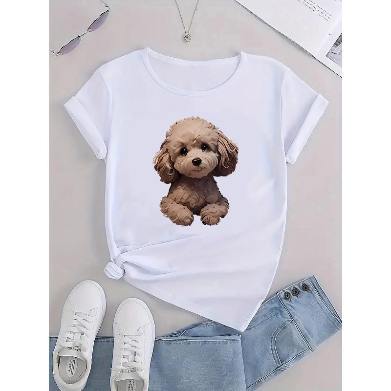 European Size Women's Casual Short Sleeve T-Shirt with Cute Dog Graphic Print - Soft Stretch Round Neck Tee, Machine Washable All-Season