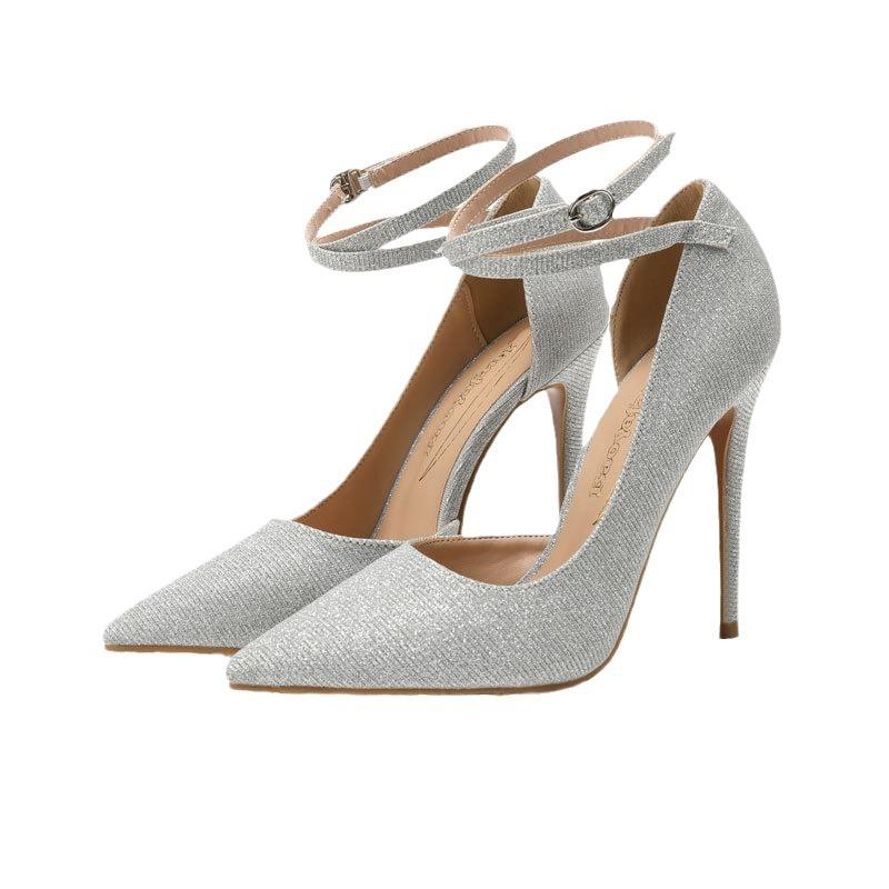 

New sexy pointed ankle cross buckle high stiletto side empty women s large size gold wedding shoes silver bridal shoes 34