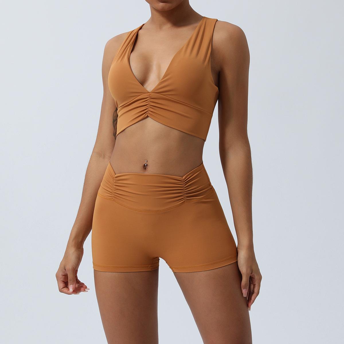 

Комплект для йоги Nude весна/лето: Спортивный бюстгальтер с сексуальной спинкой и плиссированные брюки-капри с подъемом бедер XL (recommended 120-130 jin) хаки/коричневый