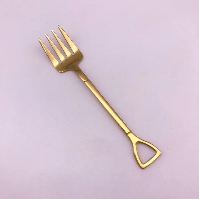 1PCS Creative Shovel Shape Dessert Spoon Stainless Steel Coffee Stirring Spoon Shovel Fork Fruit Fork