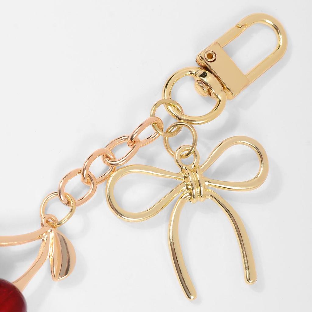 Elegant Pastoral Gold & Silver Chain Bowtie Faux Cherry Keychain Charm