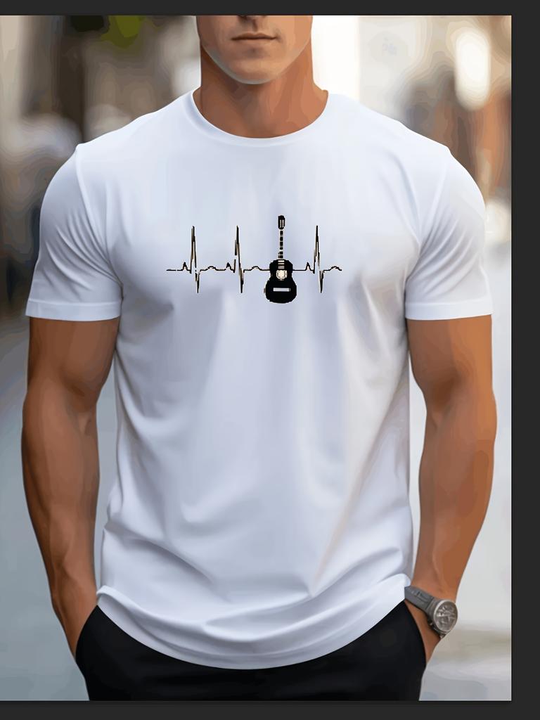 Men's Crew Neck T-shirt, Electric And Heartbeat Pattern Summer Top For Casual And Street Wear