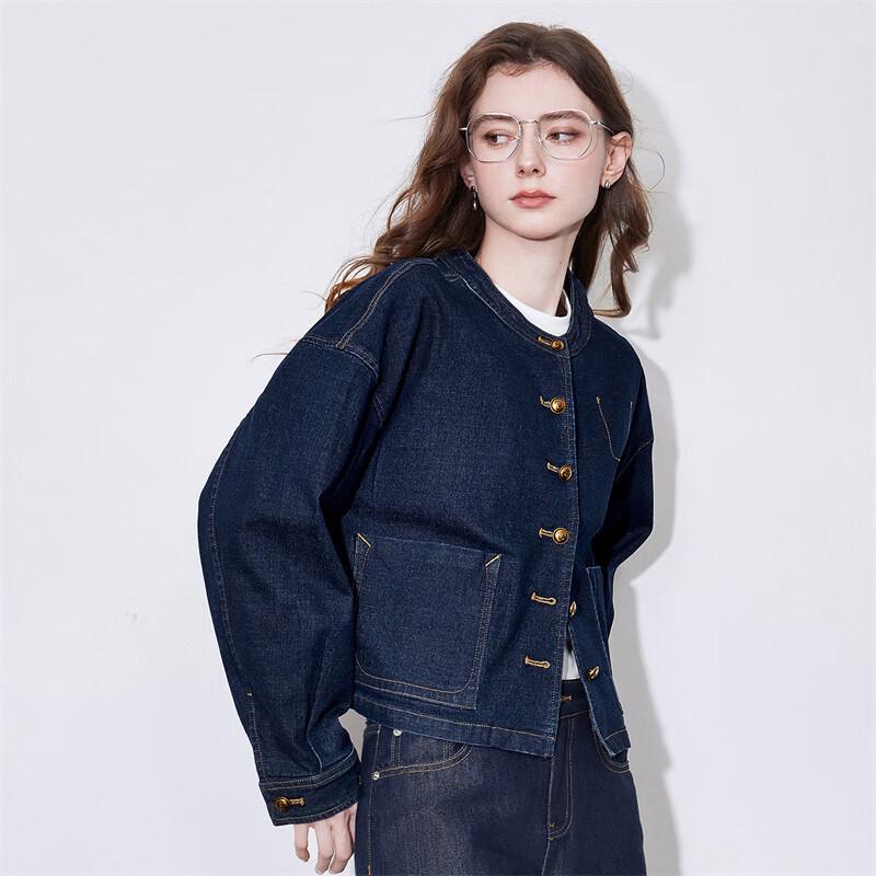 Chuyu Women's Retro Workwear Round Neck Denim Jacket