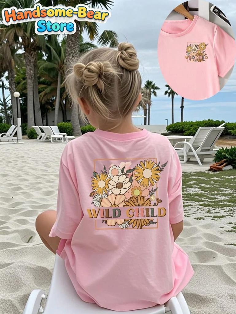 Boho Wildflower Happiness Blooms from Within Girls T-Shirt Summer Kids Short Sleeve Streetwear Casual Round Neck Girls Clothes
