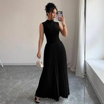 Women Solid Sleeveless Mock Neck Maxi Dress, Slim Fitted Bodice Pleated Flowy Long Skirt, Elegant High Waist Evening Party Casual Daily Midi Outfit